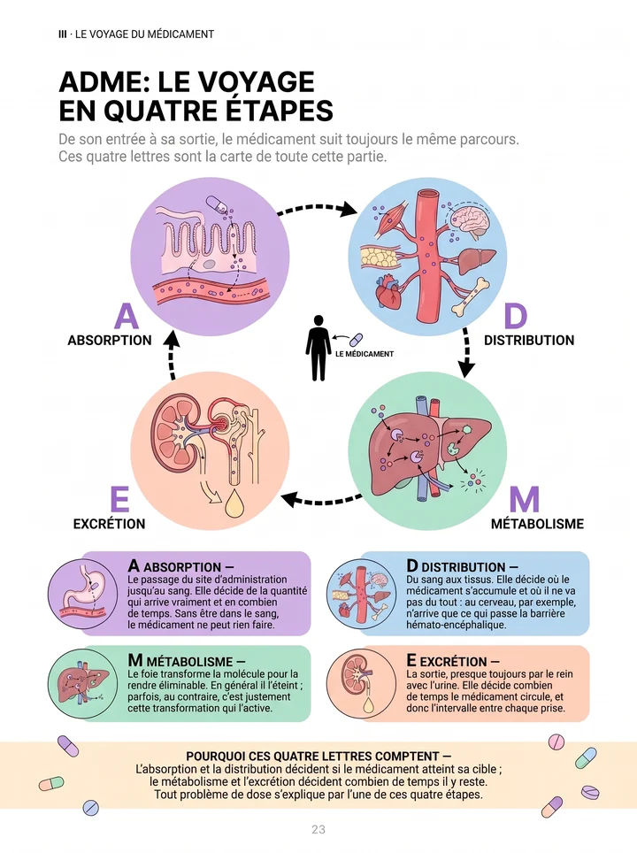 Page 23 : l'ADME, le voyage du médicament en quatre étapes, illustré